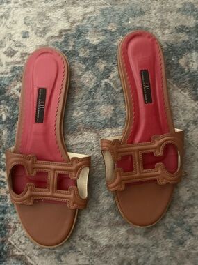 Carolina Herrera Tan Leather Slide Sandals with Red Insole